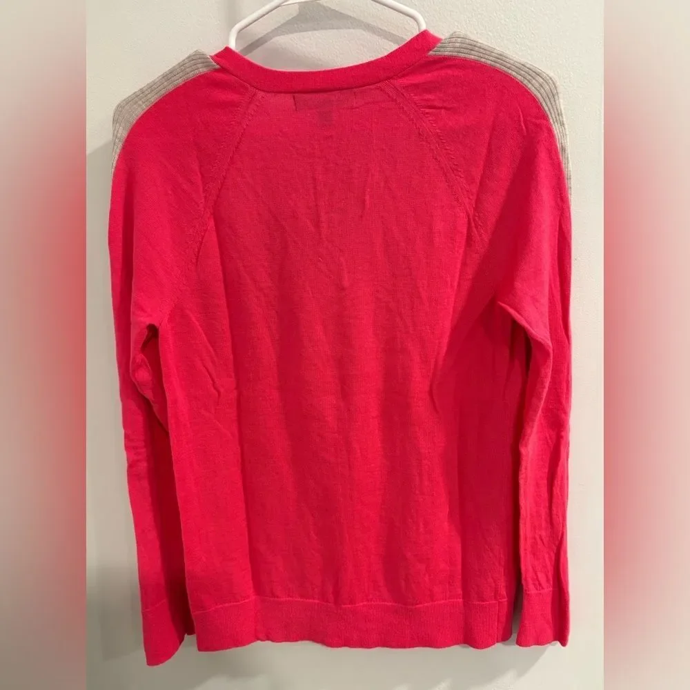 Banana Republic Merino Bright Pink V-Neck Sweater Grey Side Arm Accents - Picture 3 of 14